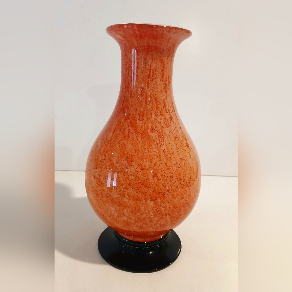 Collectible Orange Blown Glass Vase with Cobalt Blue Base